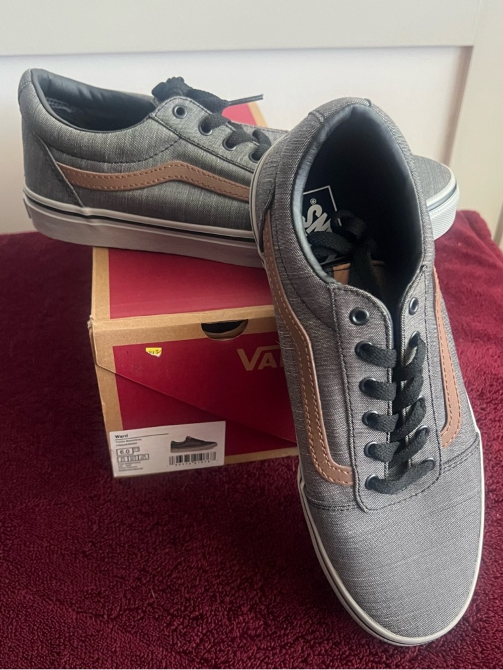 Vans Gray Canvas Low-Top Sneakers with Brown Side Stripe and Black Laces